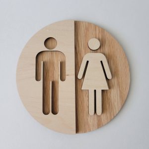 Round Wooden Unisex Bathroom Sign – Modern WC Decor - Image 1