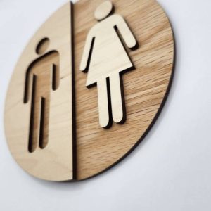 Round Wooden Unisex Bathroom Sign – Modern WC Decor - Image 2