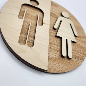 Round Wooden Unisex Bathroom Sign – Modern WC Decor - Image 3